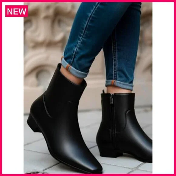 Women's Ankle Boots Low Heel Square Toe Chunky Heel Side Zipper Dressy - Picture 3 of 7